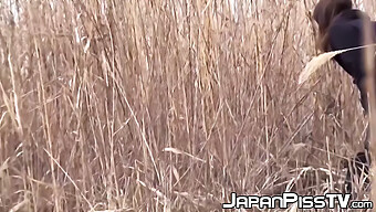 Japanische Teenager-Schulmädchen Stoppen Ihre Reise, Um Sich In Der Freien Natur Zu Erleichtern