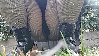 A Fetish Video Of A Wife Showing Her Pussy Outdoors While Peeing In Fishnet Stockings